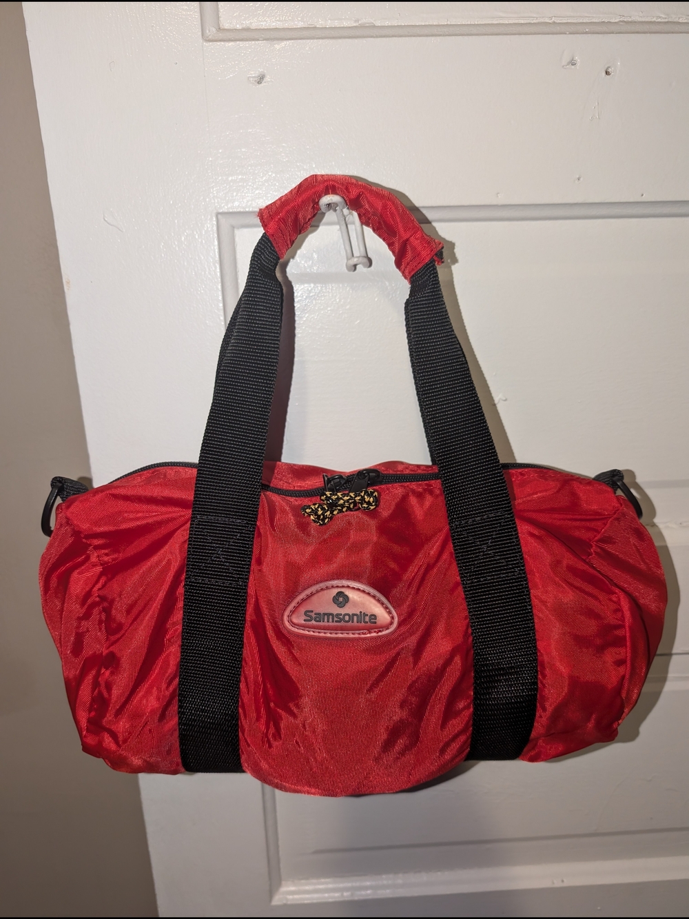 Vintage 90s Y2K Era Samsonite Small  Red Duffel with Black Webbing Straps